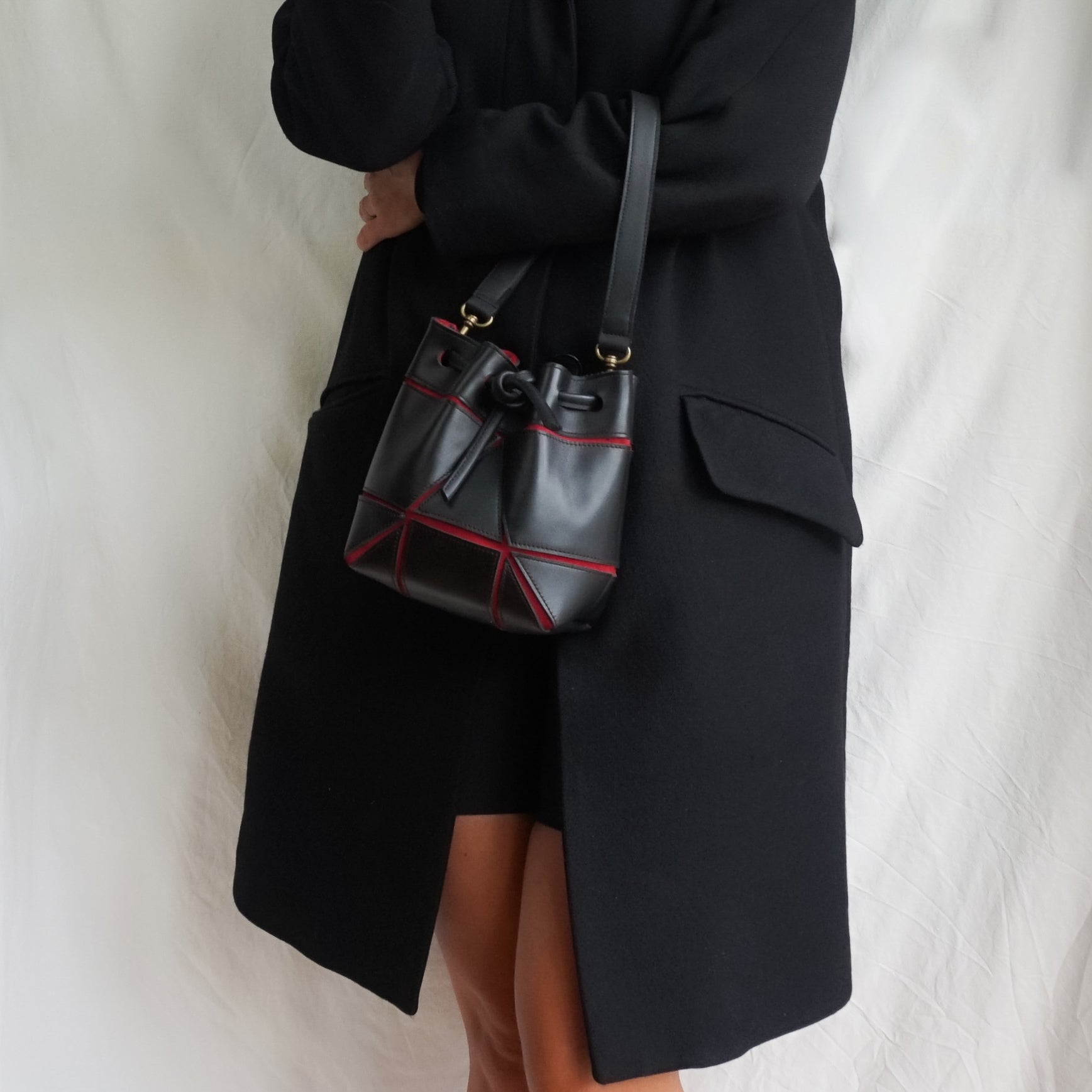 Mini Bucket Bag - Black with Red Detail by lara kazis munich