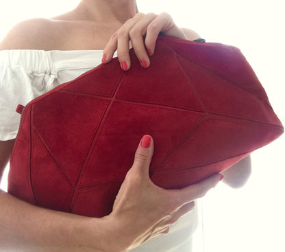 Foldable Clutch - Origami bag - Red suede leather